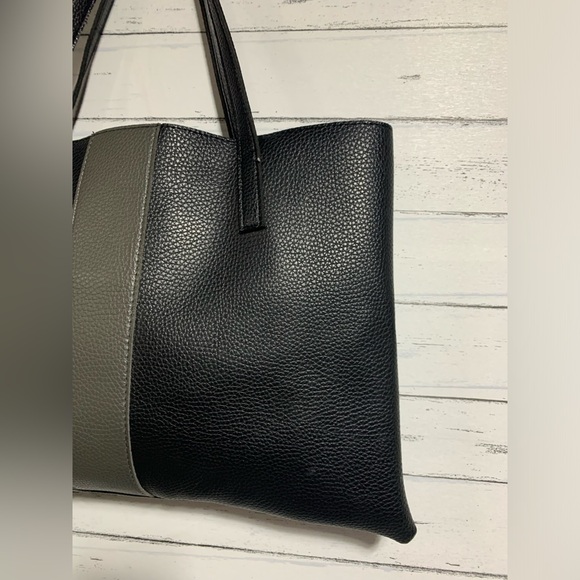 Vince Camuto Black Pebbled Leather Tote Bag with Gray Stripe, 16”x11”x0.5”, 9” - Picture 5 of 11